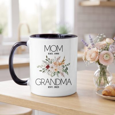 Personalized Mom To Grandma Coffee Mug, Cute Floral Grandma Mug, New Grandma Gif — lifestyle scene
