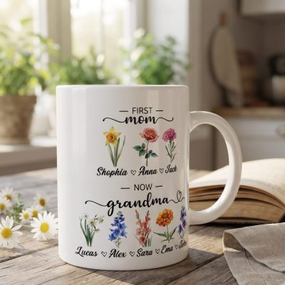 Personalized First Mom Now Grandma Gift, Flower Birth Month Garden Mug, Custom M — lifestyle scene