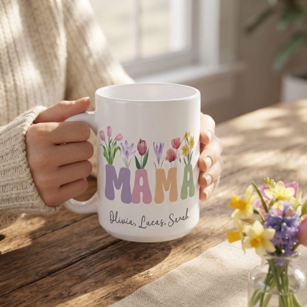 Mama Floral Mug Sublimation. Custom Kids Names Mug, Mother Gift Mug, Mom Wildflowers Mug, Coffee Mug Instant