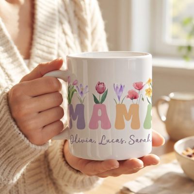 Mama Floral Mug Sublimation. Custom Kids Names Mug, Mother Gift Mug, Mom Wildflo — lifestyle scene