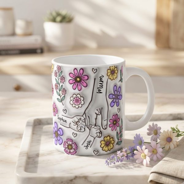 Personalised Hold our Hands Mug, 3D Inflated Effect Hold My Hand, Hold My Heart, Mothers Day Gift Mug, Christmas Gift For Mum, Grandma, Mom