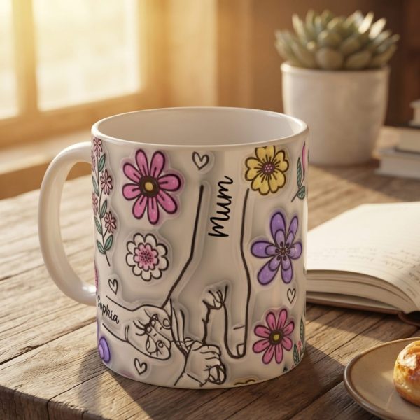 Personalised Hold our Hands Mug, 3D Inflated Effect Hold My Hand, Hold My Heart, Mothers Day Gift Mug, Christmas Gift For Mum, Grandma, Mom