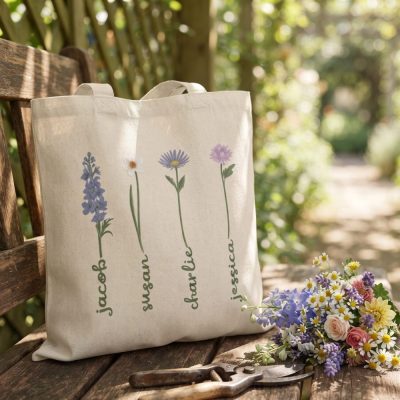 Mothers Day Garden Flower Tote Bag, Personalized Mama Grandma Birth Flower Tote Bag, Mom Birthday Gift, Women Shopping Bag, New Grandma Gift