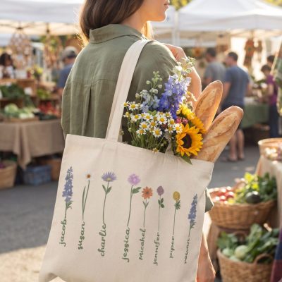 Mothers Day Garden Flower Tote Bag, Personalized Mama Grandma Birth Flower Tote — lifestyle scene