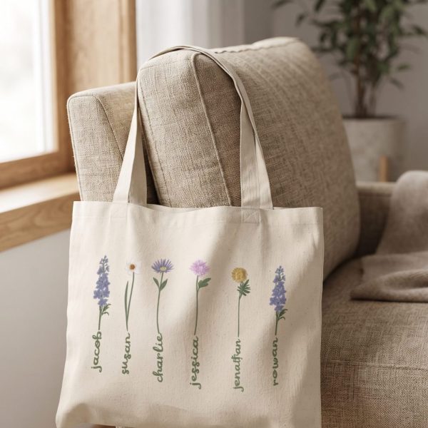 Mothers Day Garden Flower Tote Bag, Personalized Mama Grandma Birth Flower Tote Bag, Mom Birthday Gift, Women Shopping Bag, New Grandma Gift