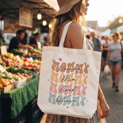 Mommy Tote Bag, Mom Custom Shopping Bag, Personalized Mothers Day Gift for Mom, — lifestyle scene