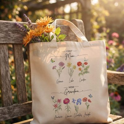 First Mom Now Grandma Tote Bag, Gift For Grandma, Mothers Day Gift, Nana Gift, Personalized Floral Tote Mom Gift, Gift for Nana