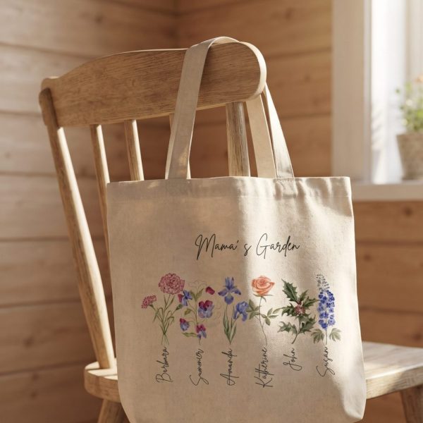 Mamas Garden Tote Bag, Gift For Grandma, Mothers Day Gift, Custom Tote Bags with Kids Name, Personalized Floral Tote Mom Gift