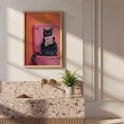 Wash Your Paws Funny Cat Art Black Cat Bathroom Decor