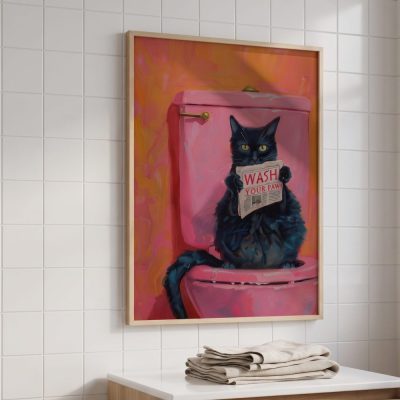 Wash Your Paws Funny Cat Art Black Cat Bathroom Decor — lifestyle scene