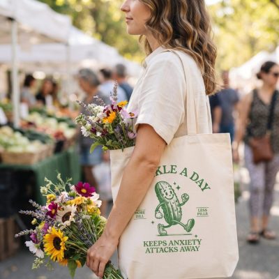 Pickle Lover Canvas Tote Bag, Pickles Lover Gift, Funny Pickle Bag, Retro Pickle — lifestyle scene