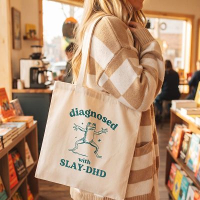 Slay-Dhd Funny Tote Bag, Retro Meme Tote, Weird Crazy Design, Cute Quirky Gift, — lifestyle scene