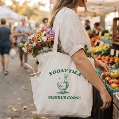 Serious Goose Funny Tote Bag, Retro Meme Tote, Weird Crazy Design, Cute Quirky G — lifestyle scene
