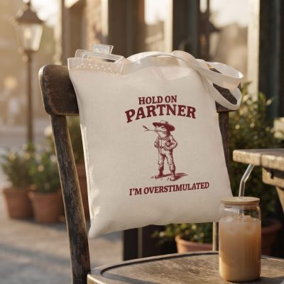Im Overstimulated Funny Tote Bag, Retro Meme Tote, Weird Crazy Design, Cute Quir — lifestyle scene