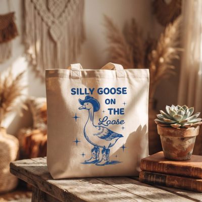 Silly Goose On The Loose Tote Bag, Cowboy Goose Tote Bag, Funny Western Tote Bag, Vintage Tote Bag, Duck Tote Bag, Animal Meme Tote Bag