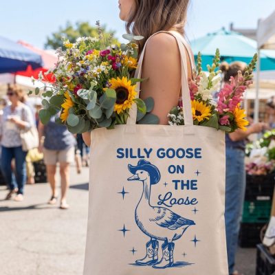 Silly Goose On The Loose Tote Bag, Cowboy Goose Tote Bag, Funny Western Tote Bag — lifestyle scene