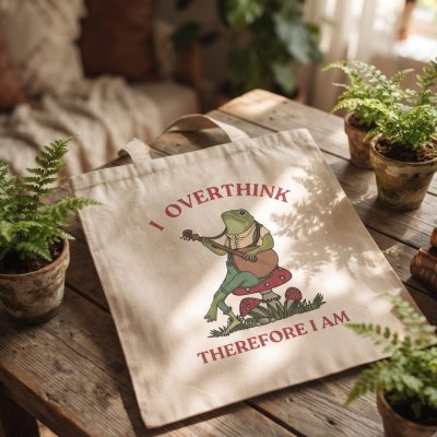I Overthink Therefore I Am, Retro Frog Tote Bag, Forestcore, Funny Frog Tote, Weirdcore, Cursed Tote, Oddly Specific, Weird, Vintage Animal
