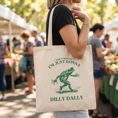 Dilly Dally, Frog Tote Bag, Weirdcore, Retro Vintage Frog, Graphic Tote Bag, Fun — lifestyle scene