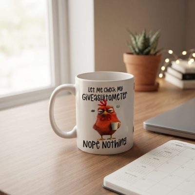 Custom Funny Coffee Mug, Let Me Check My Giveashitometer Nope Nothing — lifestyle scene