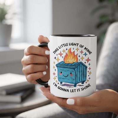 Funny Dumpster Fire Mug, Cute Dumpster Fire Coffee Mug — lifestyle scene