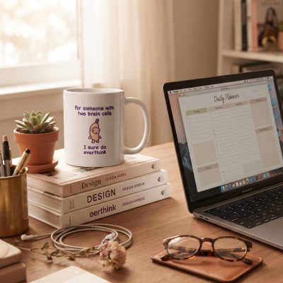 Funny Cat Meme Mug , Two Brain Cells , Self-Deprecating Ceramic Mug — lifestyle scene