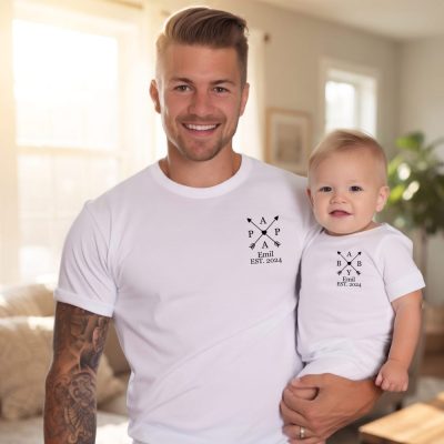 Personalized Dad T-Shirt And Baby Bodysuit Set. Matching Dad Baby Outfit. Gift F — lifestyle scene