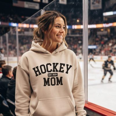 Hockey Mom Hoodie, Custom Hockey Mom Est. 2024, Personalized Sports Mama Hooded — lifestyle scene