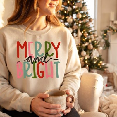 Merry And Bright Sweatshirt, Christmas Sweatshirt, Family Christmas Sweatshirt, — lifestyle scene