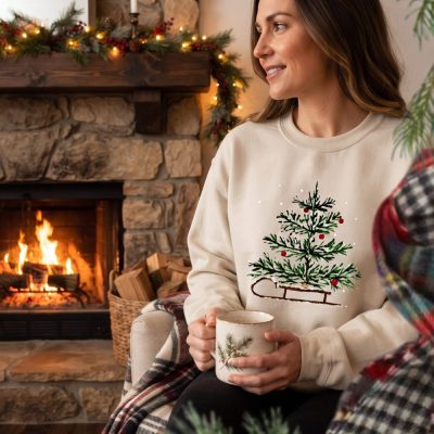 Christmas Sleigh Sweatshirt~Womens Christmas Sweatshirt, Christmas Sweater Winte — lifestyle scene
