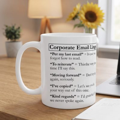 Work Corporate Email Lingo Coffee Mug, Coworker Gift, Boss Mug — lifestyle scene