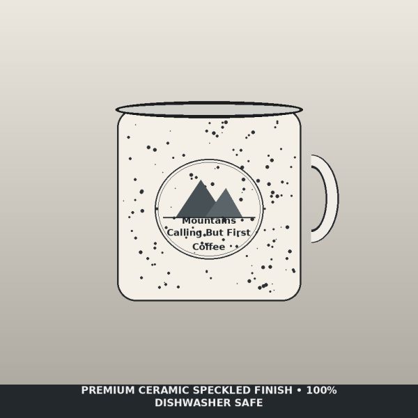 The Mountains Are Calling But First Coffee Speckled Mug - Retro Hiking Ceramic Cup