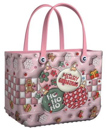Festive Pink Christmas Tote Bag – Cute Holiday Design With Snowflakes & Gingerbread