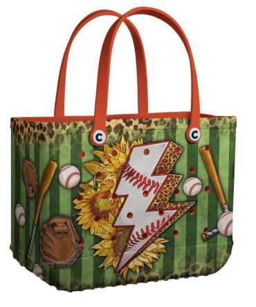 Stylish Baseball Tote Bag With Sunflower & Lightning Bolt Design - Perfect For Sports Fans