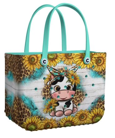 Cute Cow & Sunflower Tote Bag - Vibrant Design, Perfect For Shopping & Beach Days!