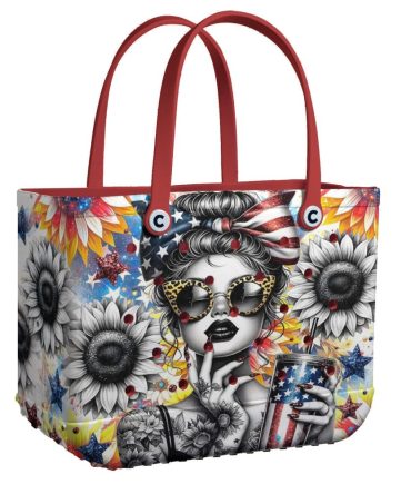 Vibrant Sunflower & Stars Tote Bag - Chic Patriotic Design With Red Handles