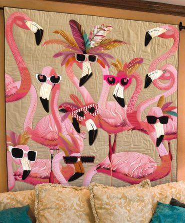 Flamingo Fiesta Art Quilt Hanging