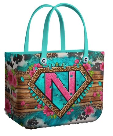Vibrant Floral & Leopard Print Tote Bag With Bold 'N' Design – Perfect For Stylish Outings