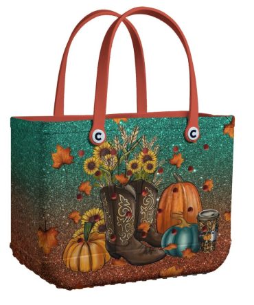 Autumn Harvest Tote Bag – Pumpkin, Sunflower & Boots Design – Perfect Fall Accessory!