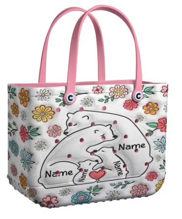 Custom Floral Bear Family Tote Bag - Personalized Gift For Mom & Kids - Stylish & Durable