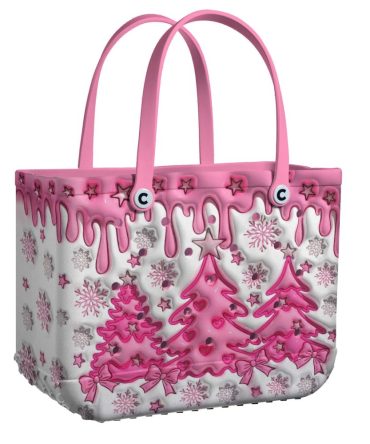 Holiday Chic Pink Tote Bag With Festive Tree Design - Perfect For Christmas Shopping & Gifts