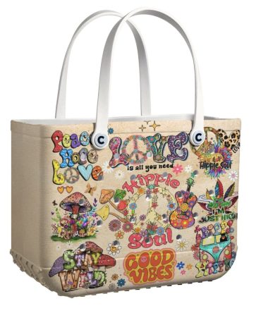 Hippie Vibes Tote Bag – Colorful Vintage Style With Peace & Love Design, Perfect For Beach Or Shopping