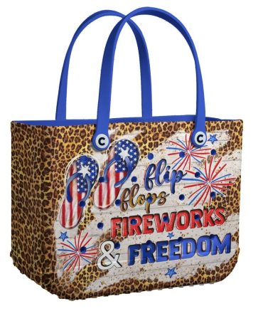 Usa Patriotic Tote Bag - Flip Flops, Fireworks & Freedom Design - Perfect For Summer!