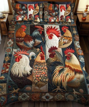 Antique Rooster 3-Piece Quilted Bedding Set