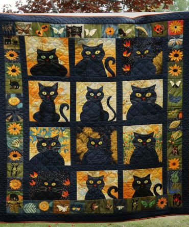 Autumn Black Cats Quilted Blanket