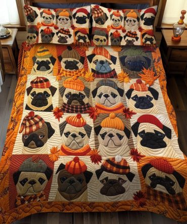 Autumn Vibe Pugs 3-Piece Quilted Bedding Set