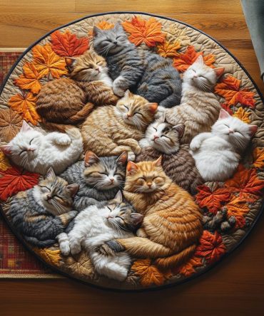 Autumn Cat Cuddling Quilted Round Mat