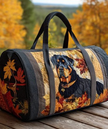 Autumn Rottweiler Quilted Duffle Bag – Quilted Dog Travel & Gym Bag with Fall Leaves Print, Carry-On Overnight Bag for Rottweiler Lovers