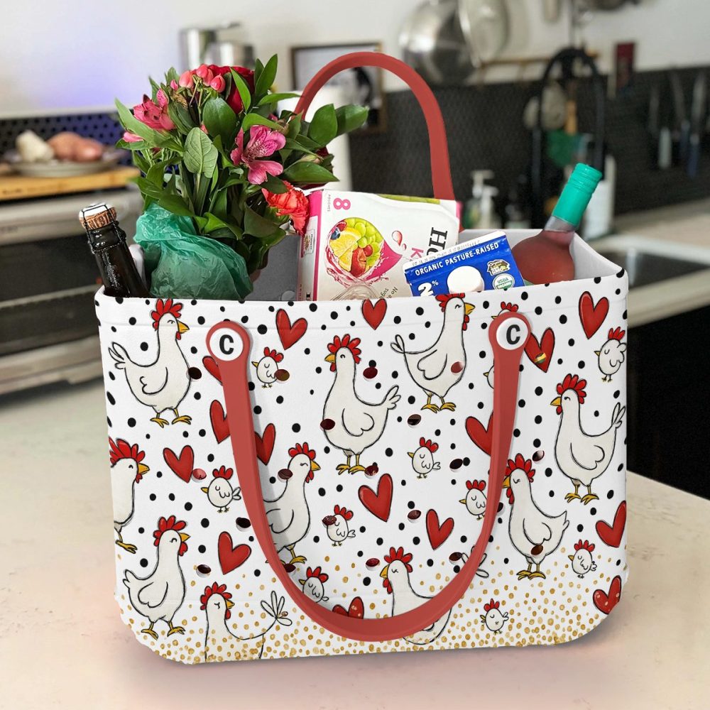 Charming Chicken & Heart Tote Bag - Stylish Farm-Themed Shopper With Red Handles - Image 4
