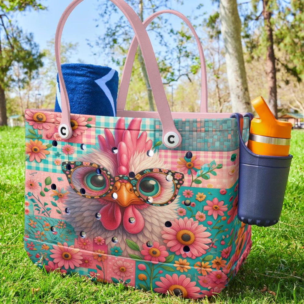 Colorful Chicken Tote Bag With Floral Design – Quirky & Fun Accessory For Animal Lovers - Image 2