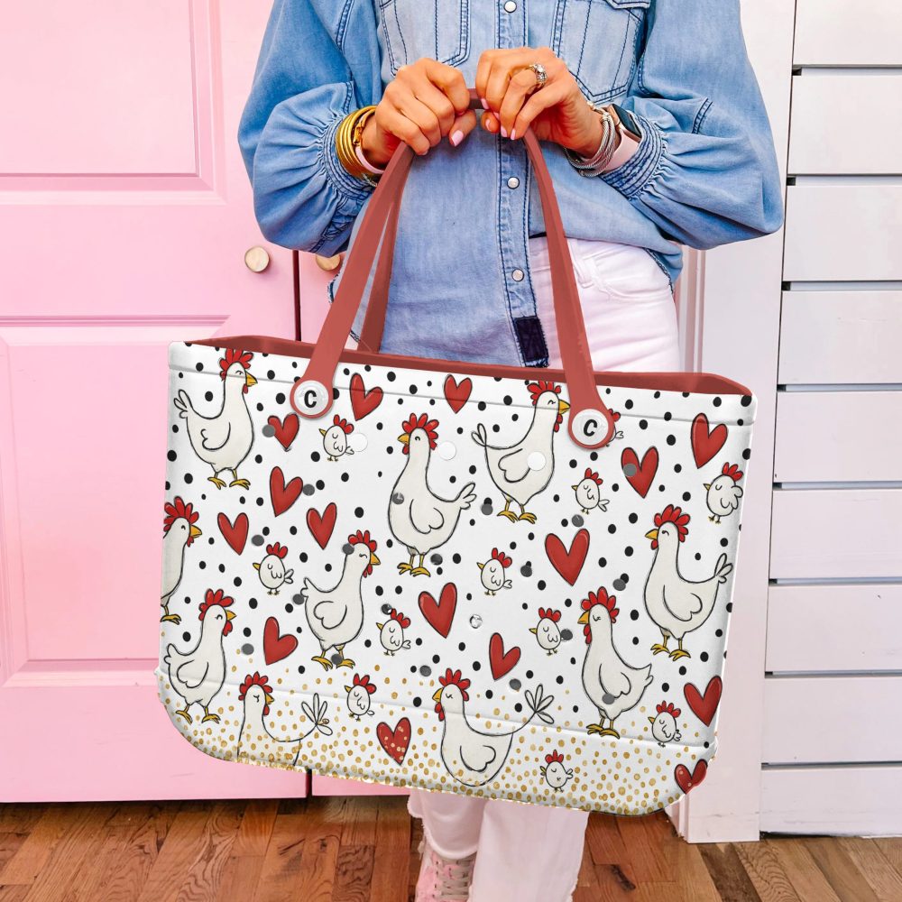 Charming Chicken & Heart Tote Bag - Stylish Farm-Themed Shopper With Red Handles - Image 3